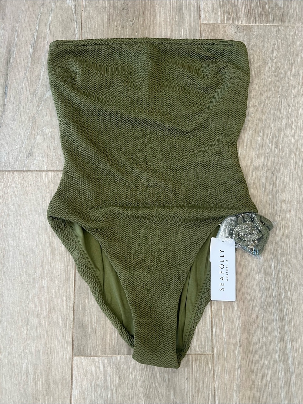 Seafolly Olive Textured Strapless One-Piece Swimsuit, size 8, BNWT